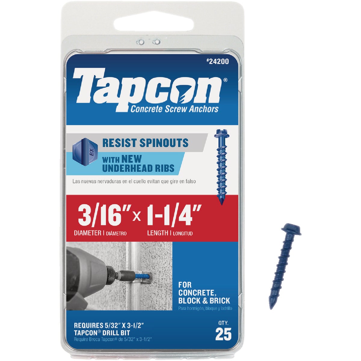 Tapcon 3/16 In. x 1-1/4 In. Hex Washer Head Concrete Screw Anchors (25 Ct.)