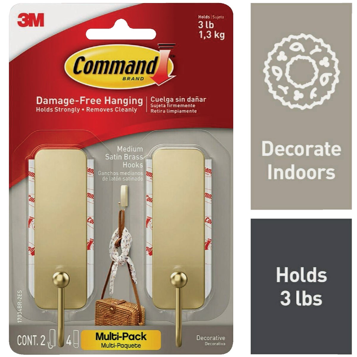 Command Medium Satin Brass Decorative Hook , 2 Hooks, 4 Strips