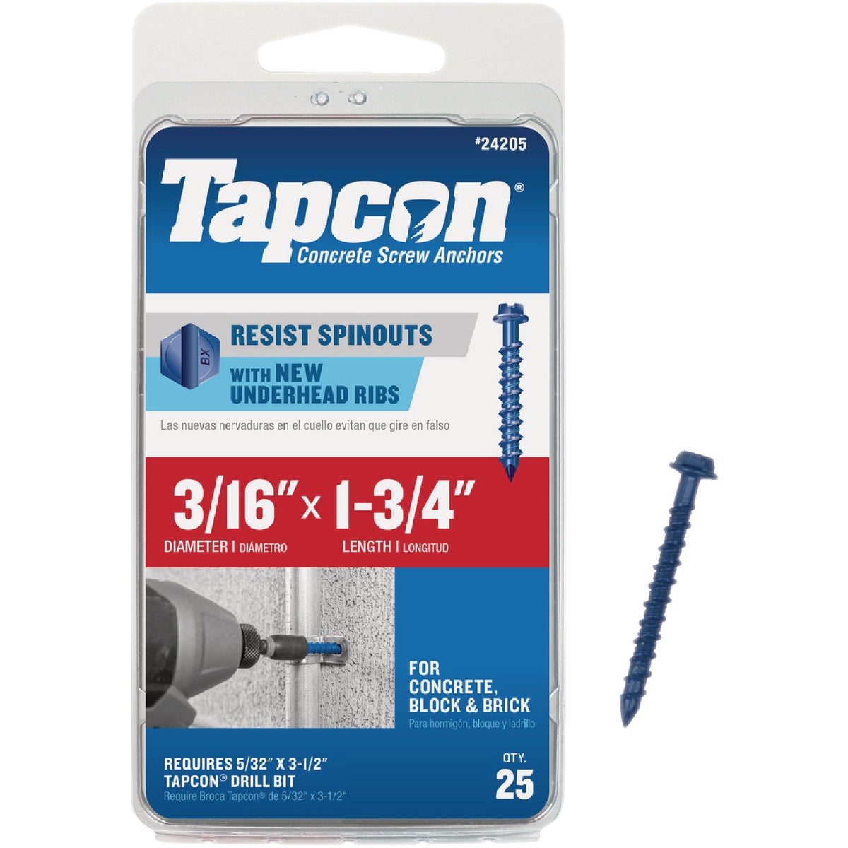 Tapcon 3/16 In. x 1-3/4 In. Hex Washer Head Concrete Screw Anchors (25 Ct.)