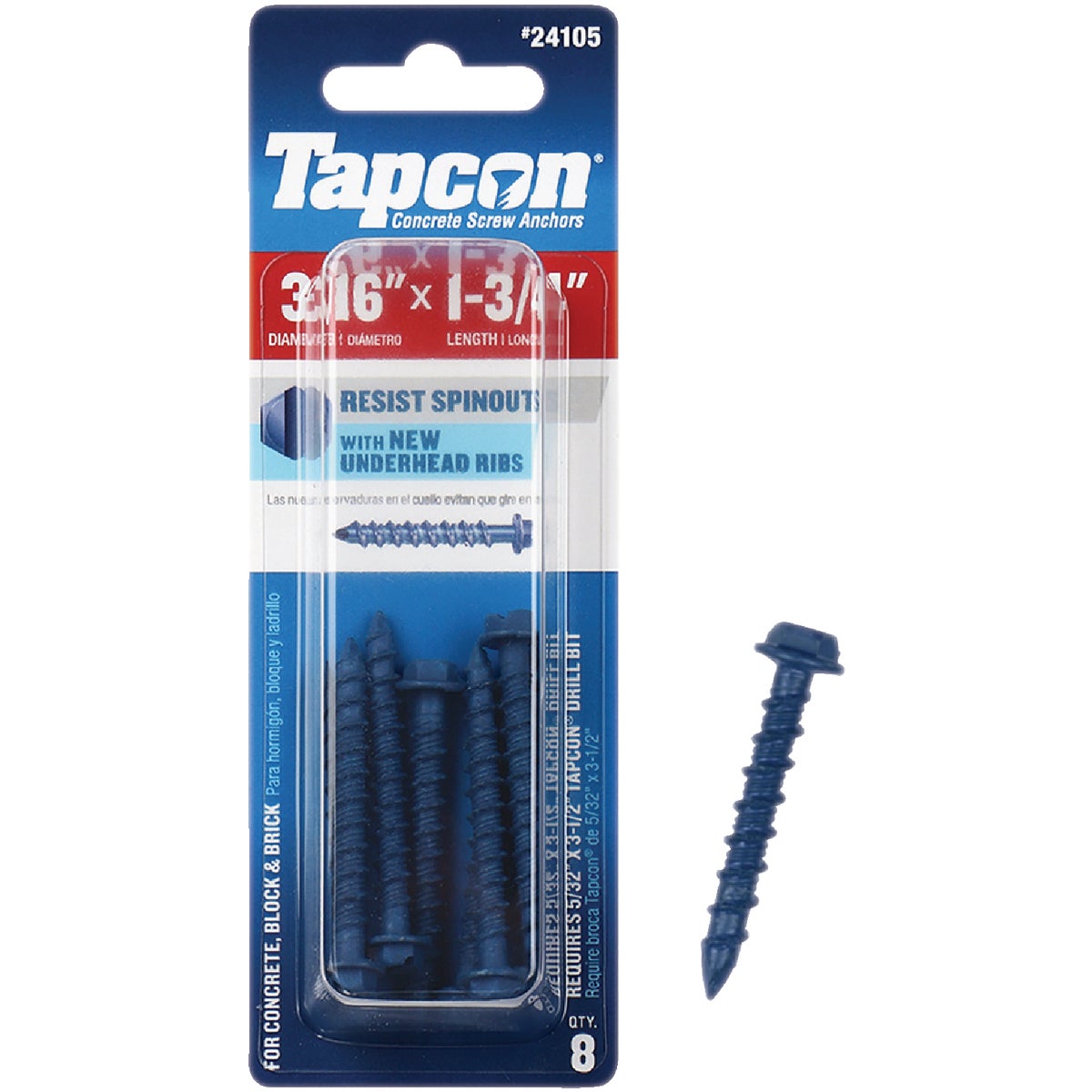 Tapcon 3/16 In. x 1-3/4 In. Hex Washer Head Concrete Screw Anchors (8 Ct.)