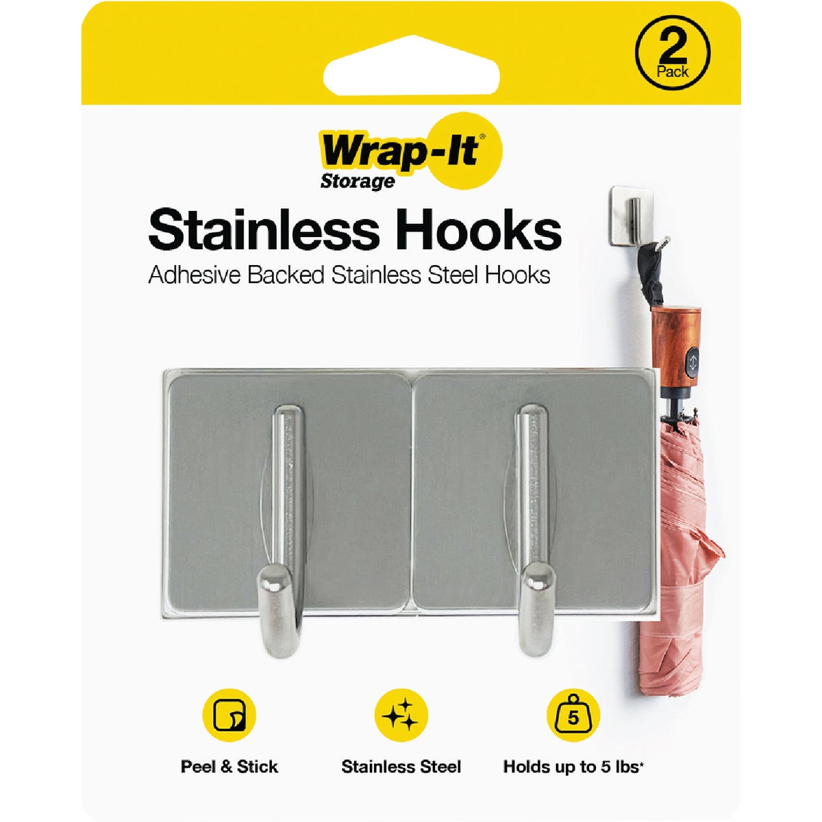 Wrap-It Storage Handy Hooks Stainless Steel Adhesive Hooks (2-Pack)