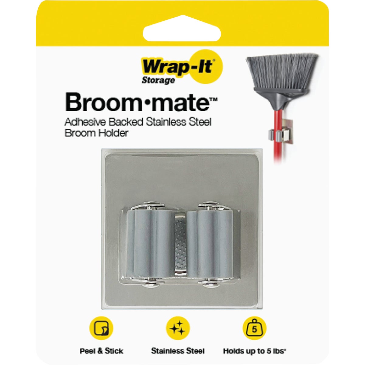 Wrap-It Storage Broom-Mate Stainless Steel Adhesive Broom Holder Hook