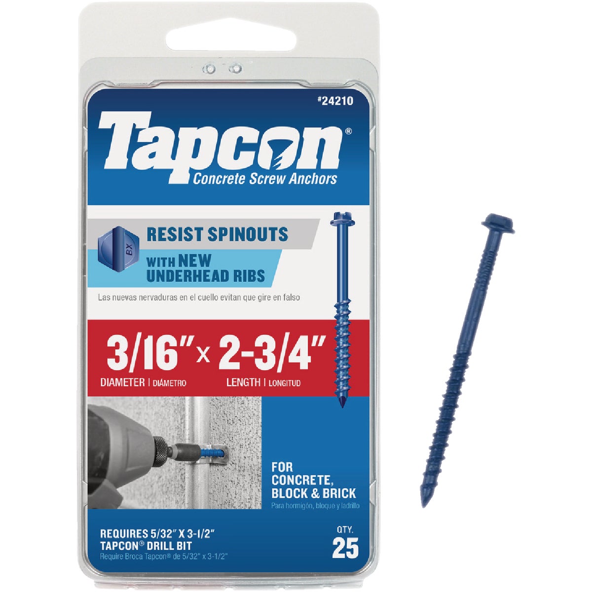 Tapcon 3/16 In. x 2-3/4 In. Hex Washer Head Concrete Screw Anchors (25 Ct.)
