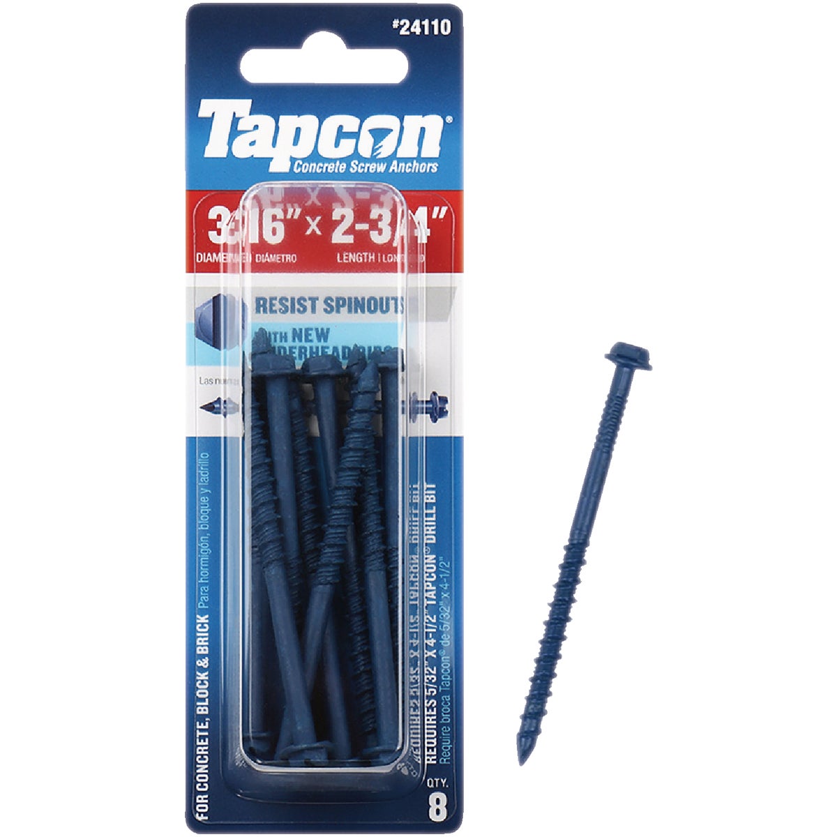 Tapcon 3/16 In. x 2-3/4 In. Hex Washer Head Concrete Screw Anchors (8 Ct.)