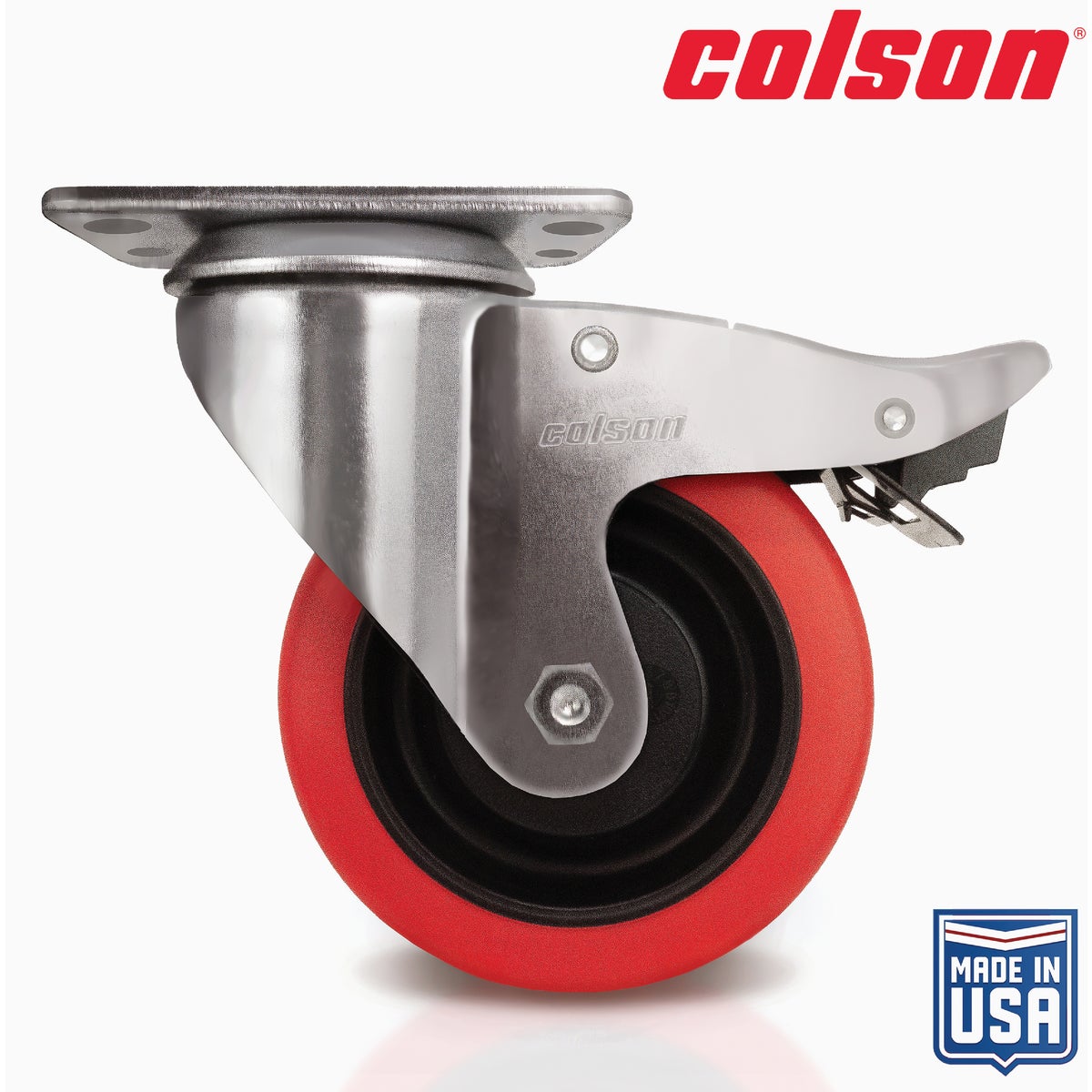 Colson 4 In. Red Polyurethane Swivel Plate Caster with Locking Brake