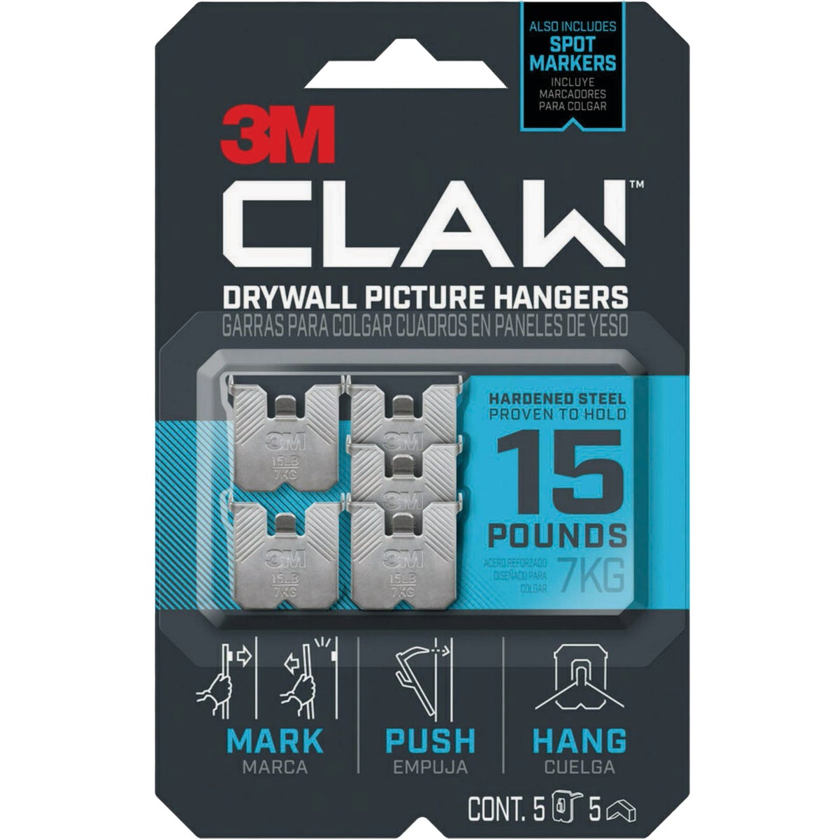 3M Claw 15 Lb. Drywall Picture Hanger with Temporary Spot Marker (5 Hangers, 5 Markers)