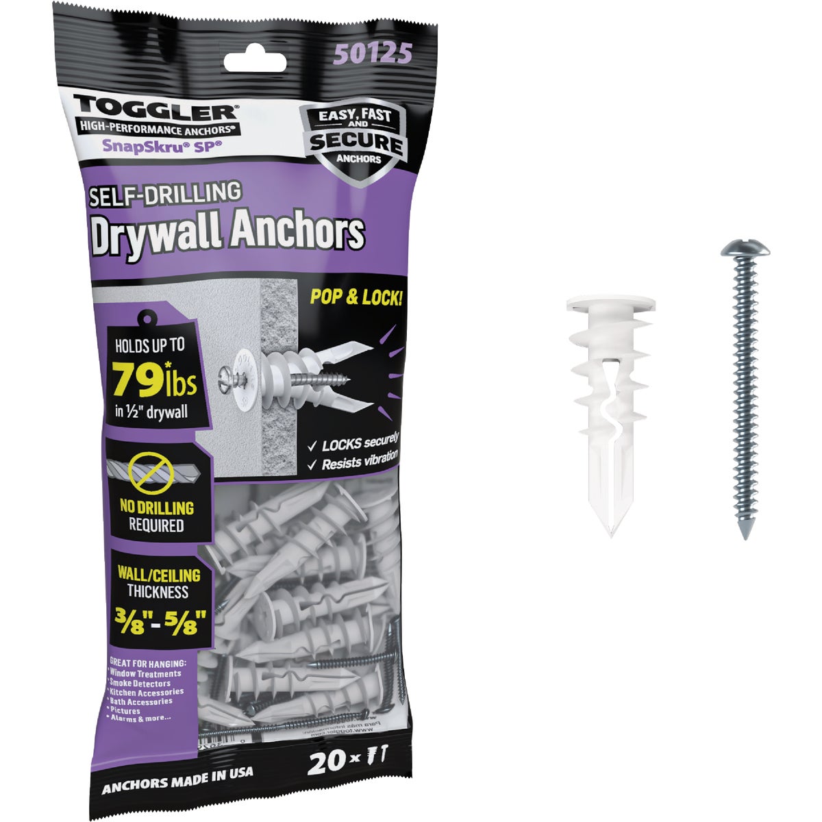 Toggler SnapSkru #8 x 1-1/2 In. 79 Lb. Nylon Self-Drilling Drywall Anchor (20 Ct.)