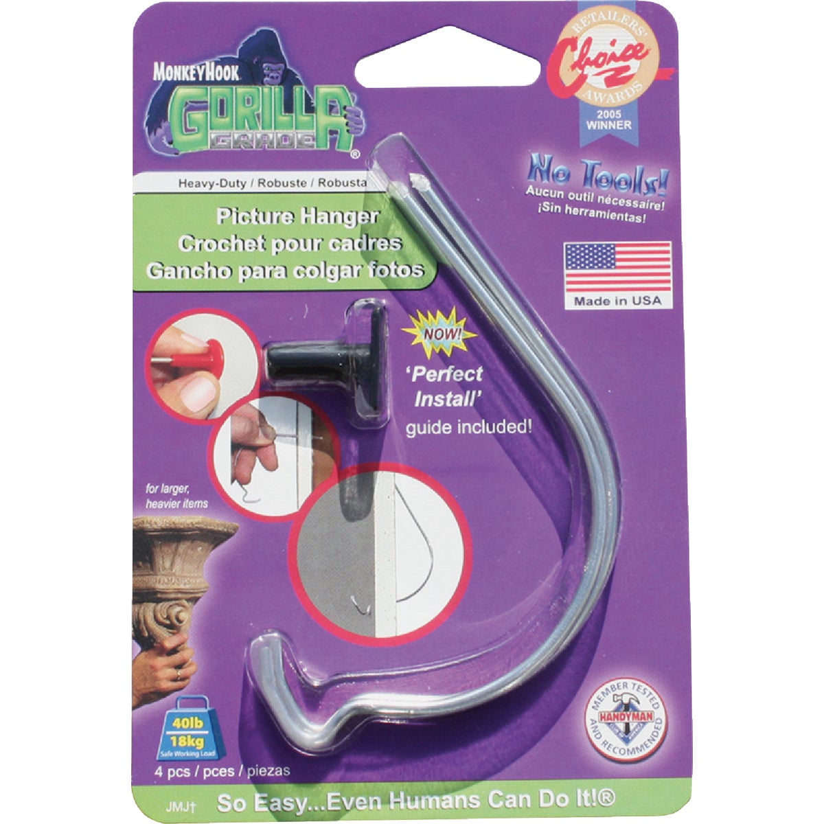 Monkey Hook Gorilla Grade Hanger with Perfect Install Guide (4-Count)