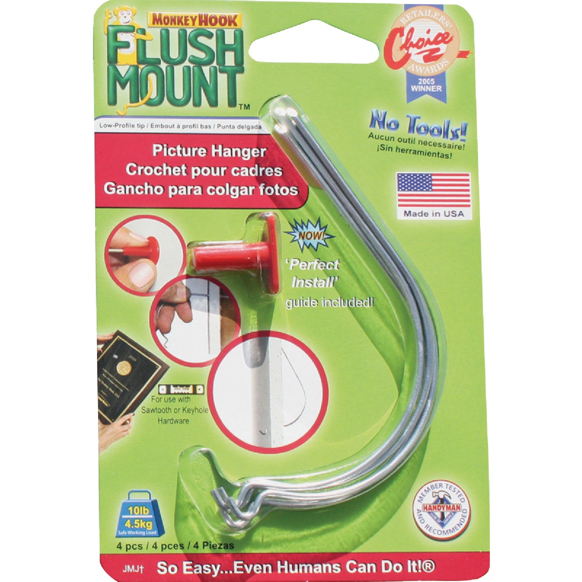 Monkey Hook Flush Mount Hanger with Perfect Install Guide (4-Count)