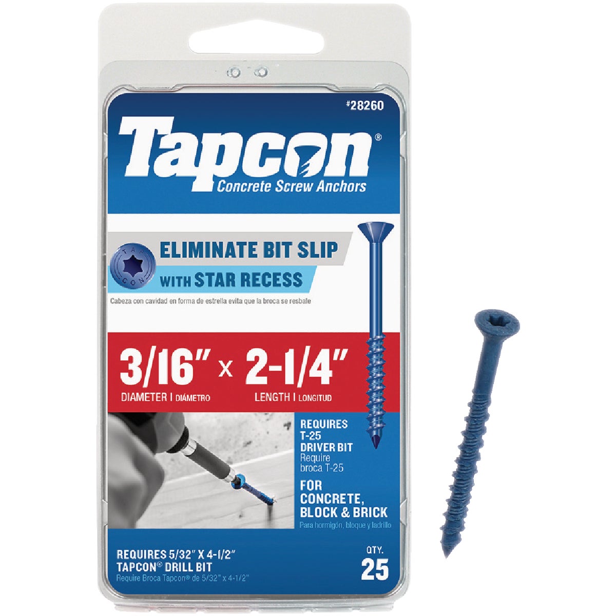 Tapcon 3/16 In. x 2-1/4 In. Star Drive Flat Head Concrete Screw Anchors (25 Ct.)