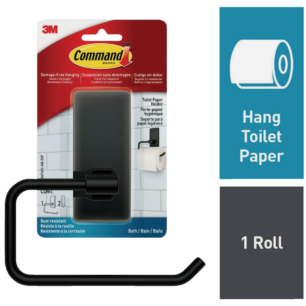 Command Bath Matte Black Adhesive Toilet Paper Holder, 2 Strips