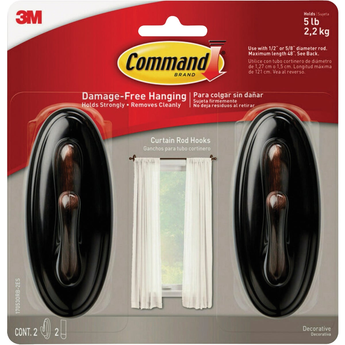 Command Oil Rubbed Bronze Curtain Rod Hook (2-Pack)