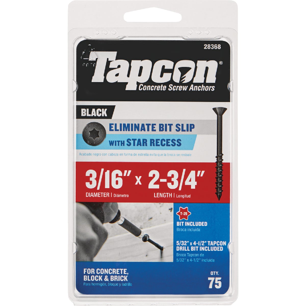 Tapcon 3/16 In. x 2-3/4 In. Star Drive Flat Head Black Concrete Screw Anchor (75 Ct.)
