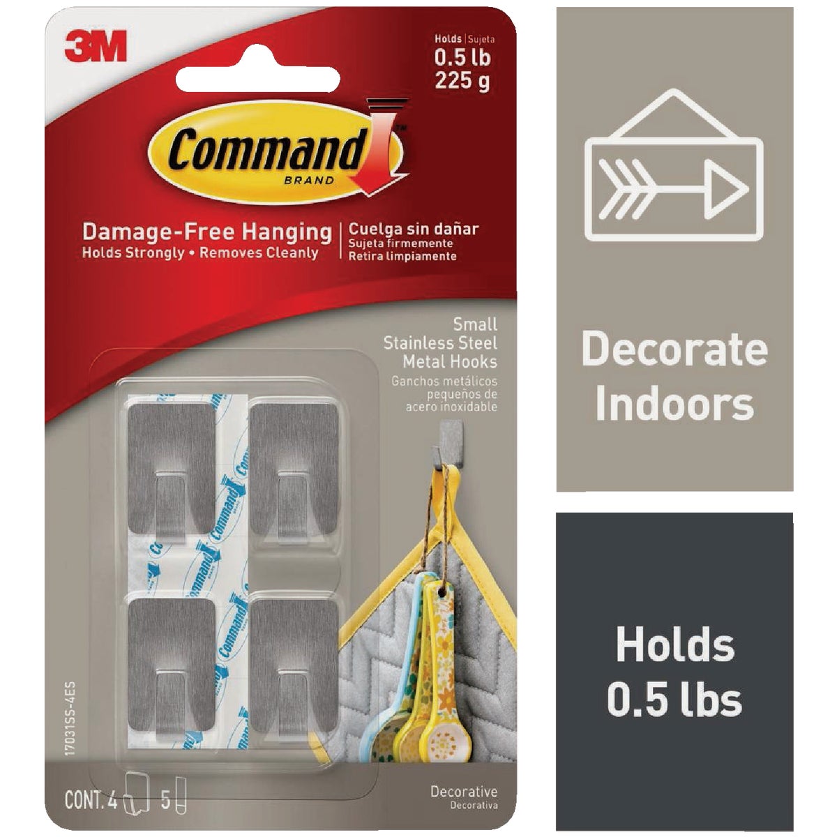 Command Small Stainless Steel Metal Hooks, 4 Hooks, 5 Strips