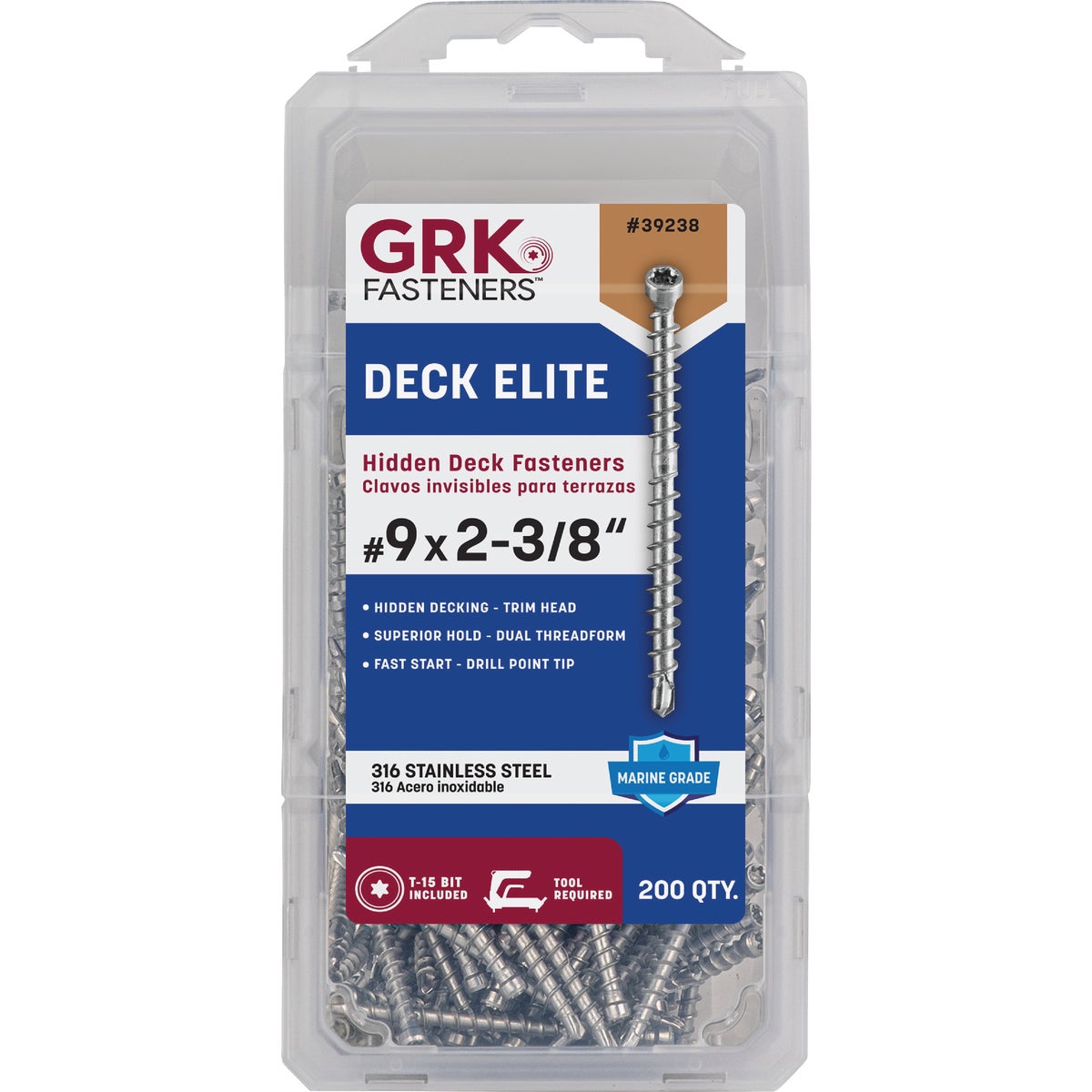 GRK Deck Elite #9 x 2-3/8 In. Star Drive Bugle-Head Stainless Steel Hidden Fastener Deck Screw (200 Ct.)