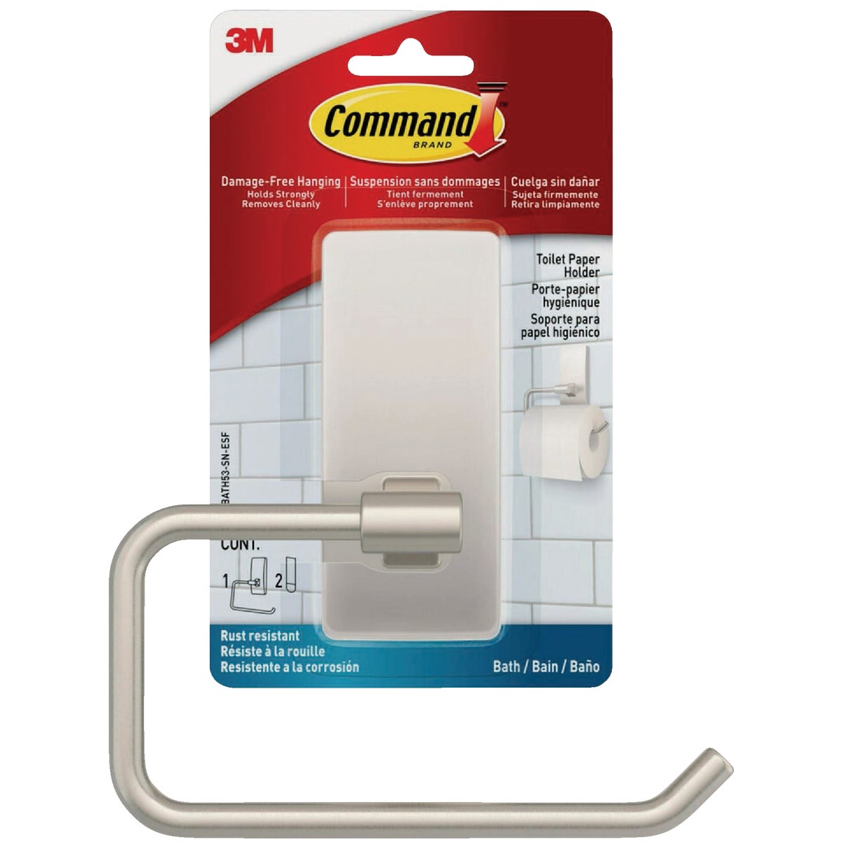 Command Bath Satin Nickel Adhesive Toilet Paper Holder, 2 Strips