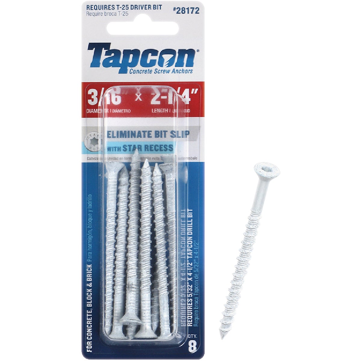 Tapcon 3/16 In. x 2-1/4 In. Star Drive Flat Head White Concrete Screw Anchors (8 Ct.)