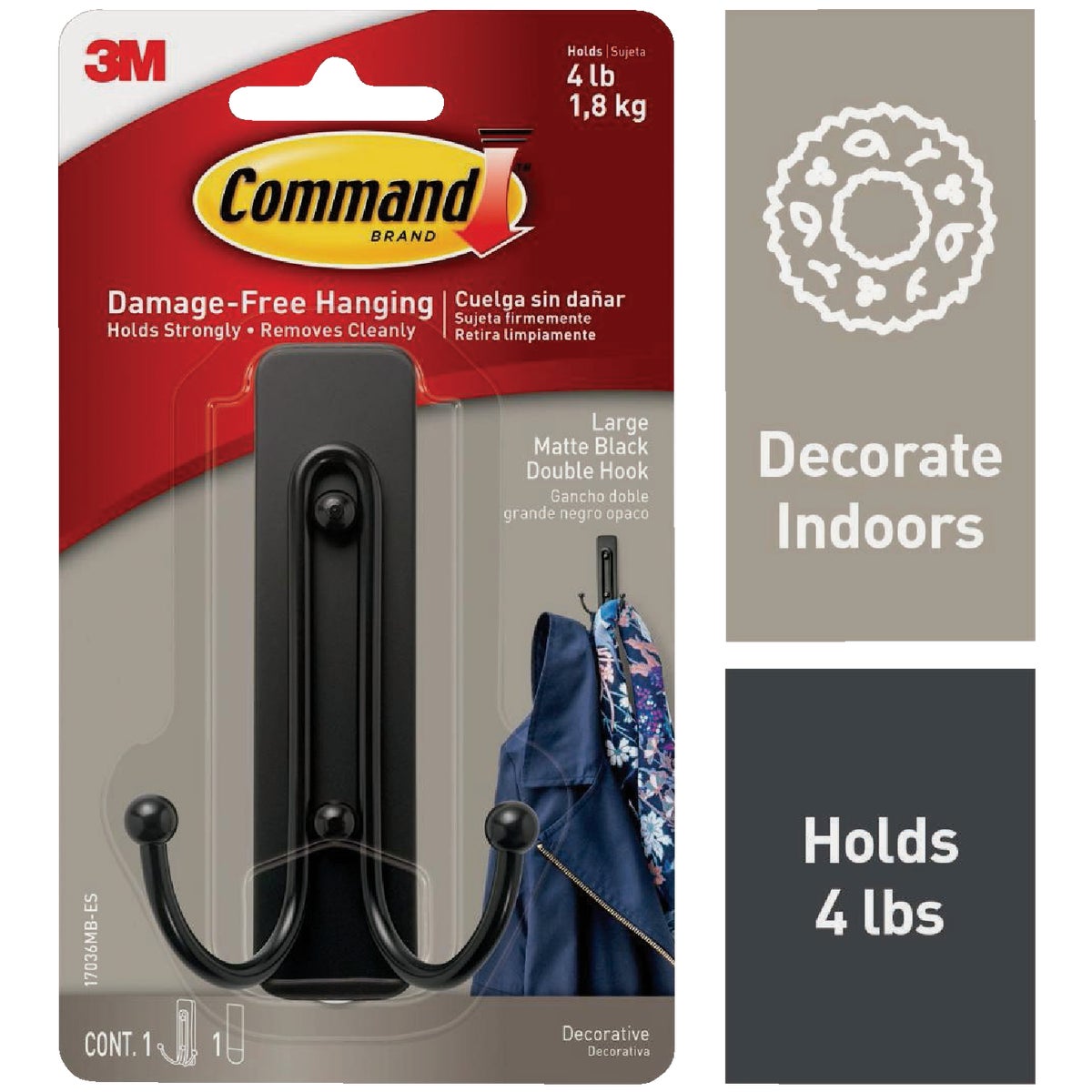 Command Large Decorative Matte Black Double Hook, 1 Hook, 1 Strip