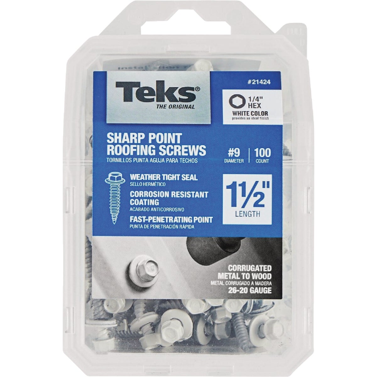 Teks #9 x 1-1/2 In. Hex Washer Head Sharp Point Metal to Wood White Roofing Screw (100-Count)