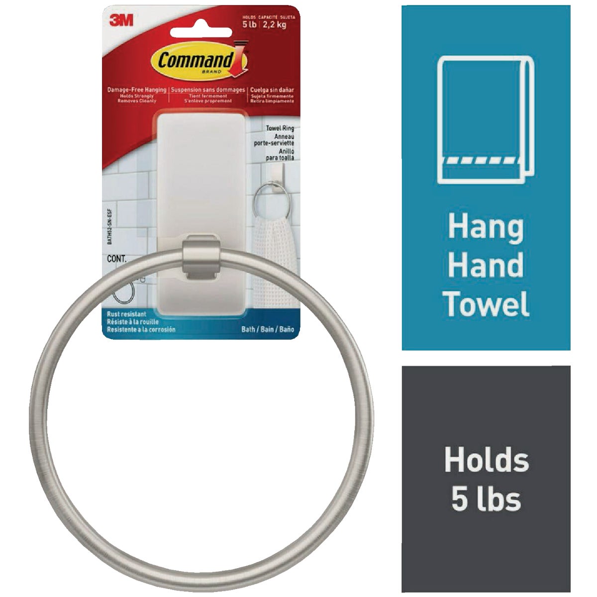 Command Bath Satin Nickel Adhesive Towel Ring, 2 Strips
