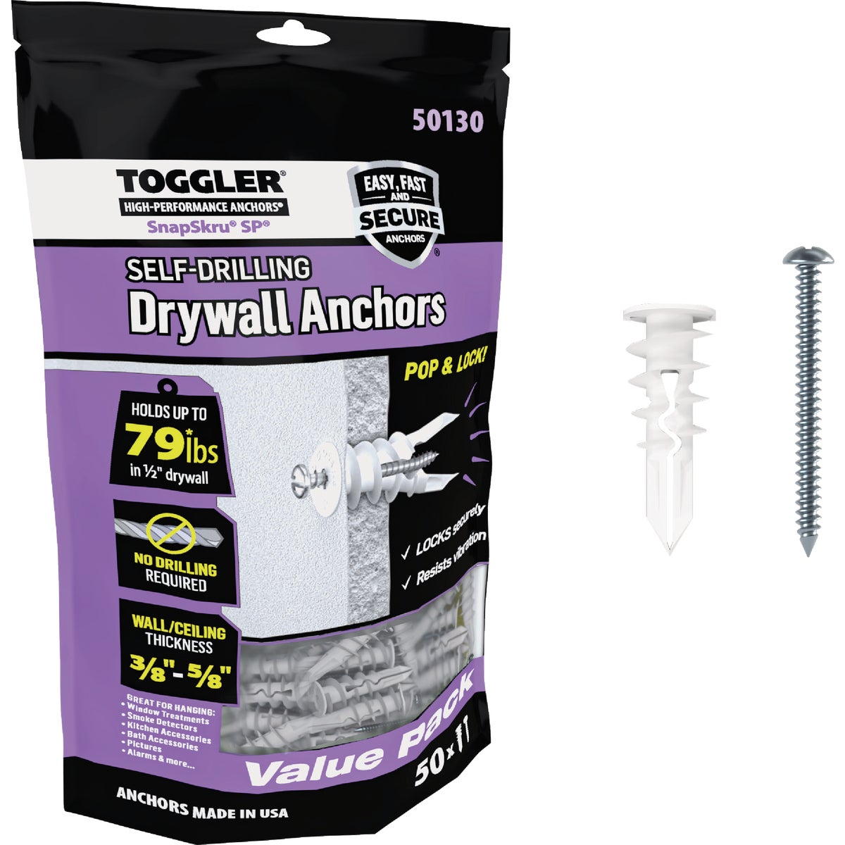 Toggler SnapSkru #8 x 1-1/2 In. 79 Lb. Nylon Self-Drilling Drywall Anchor (50 Ct.)