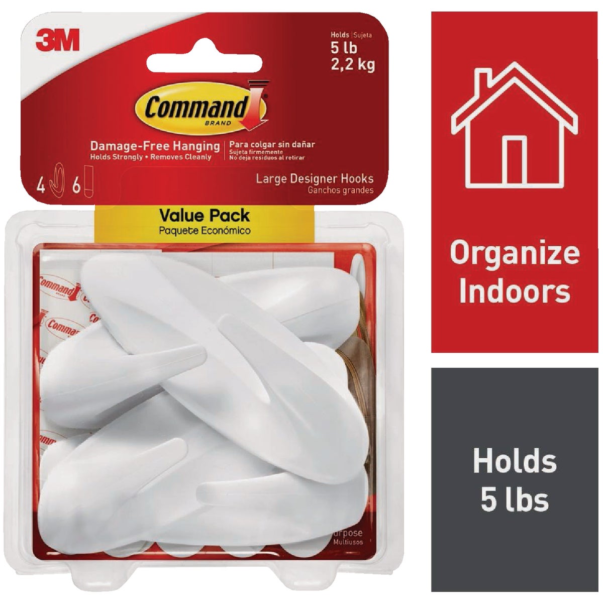 Command Large Designer Hook Value Pack, White, 4 Hooks, 6 Strips