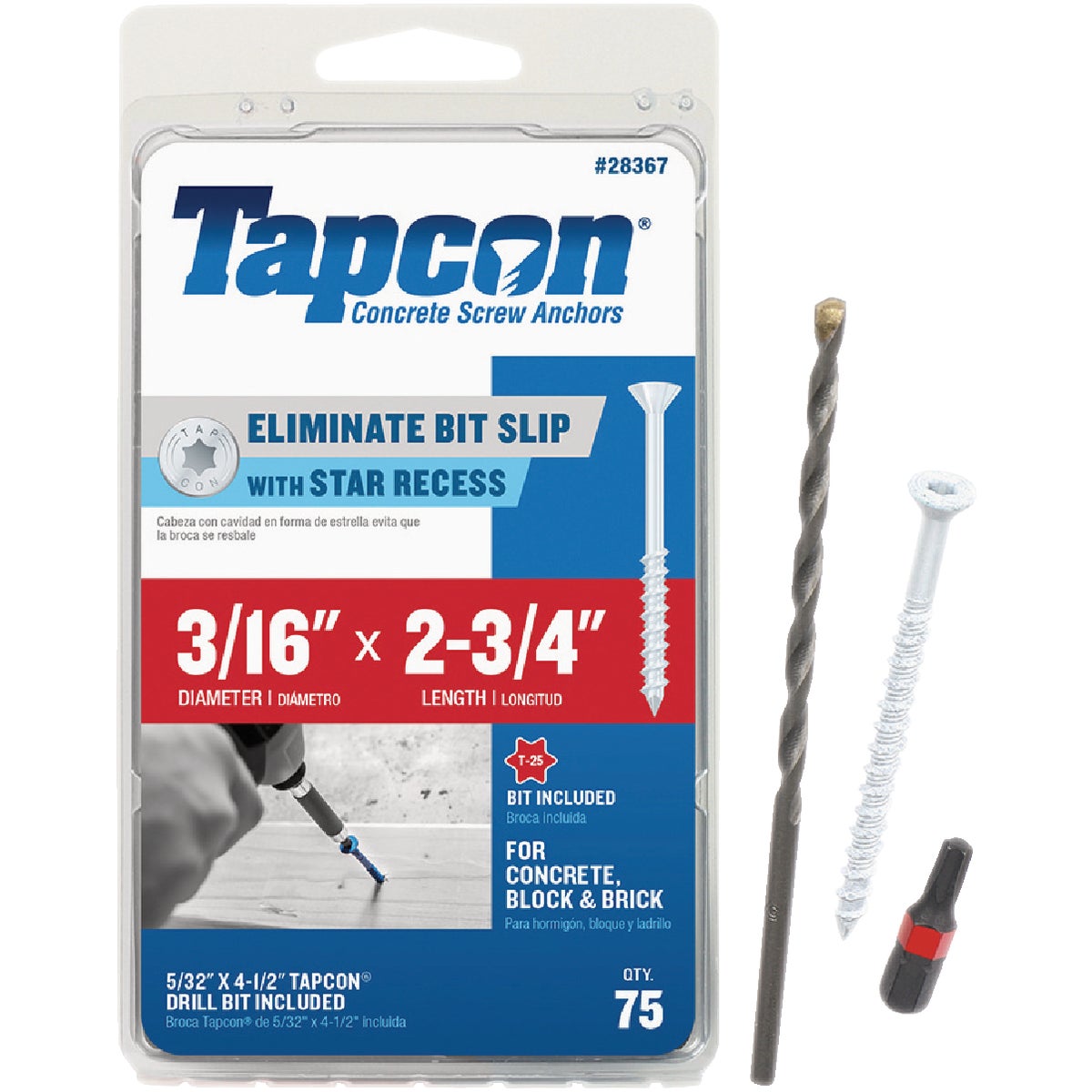 Tapcon 3/16 In. x 2-3/4 In. Star Drive Flat Head White Concrete Screw Anchors (75 Ct.)