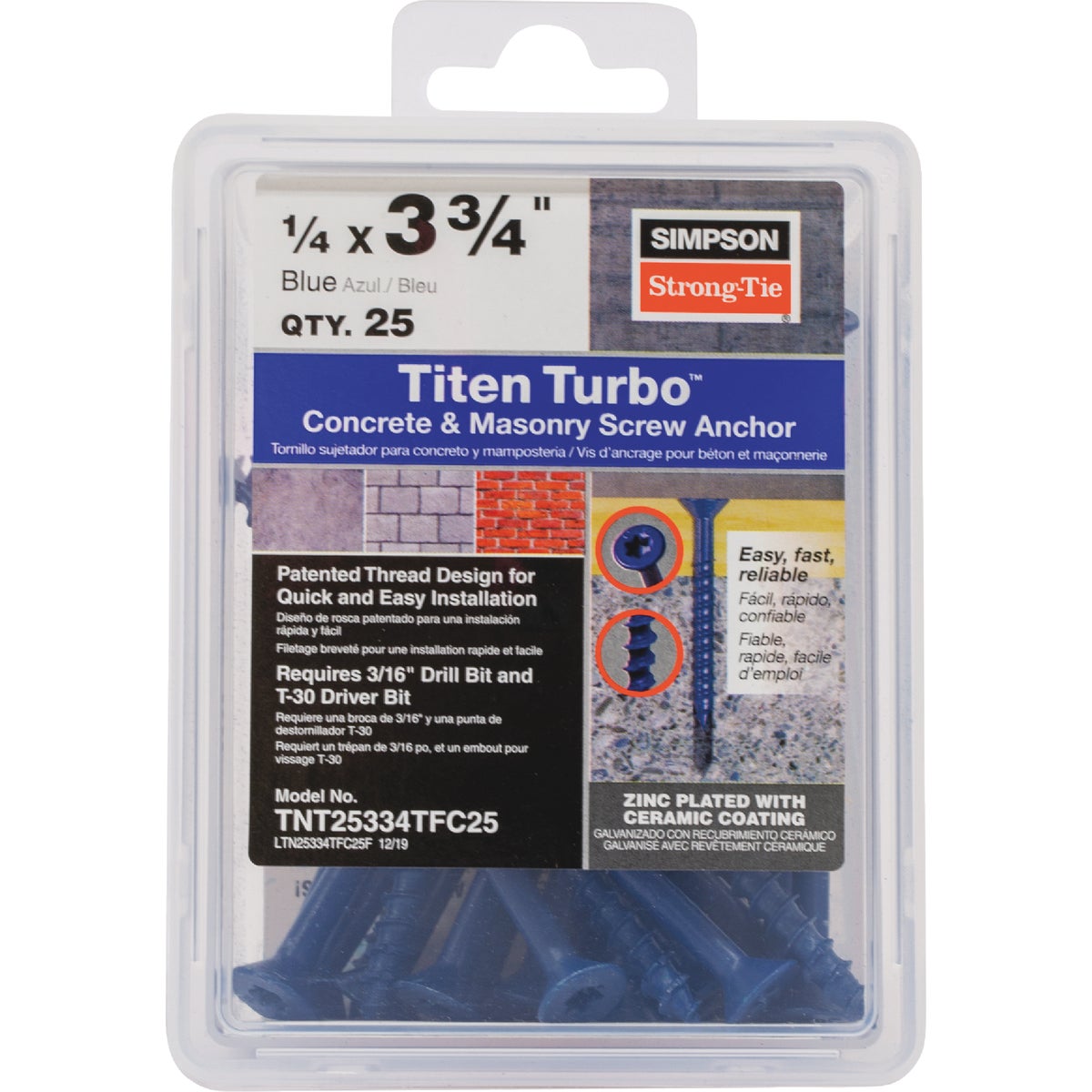 Simpson Strong-Tie Titen Turbo 1/4 in. x 3-3/4 in. 6-Lobe Flat-Head Concrete and Masonry Screw, Blue (25-Qty)