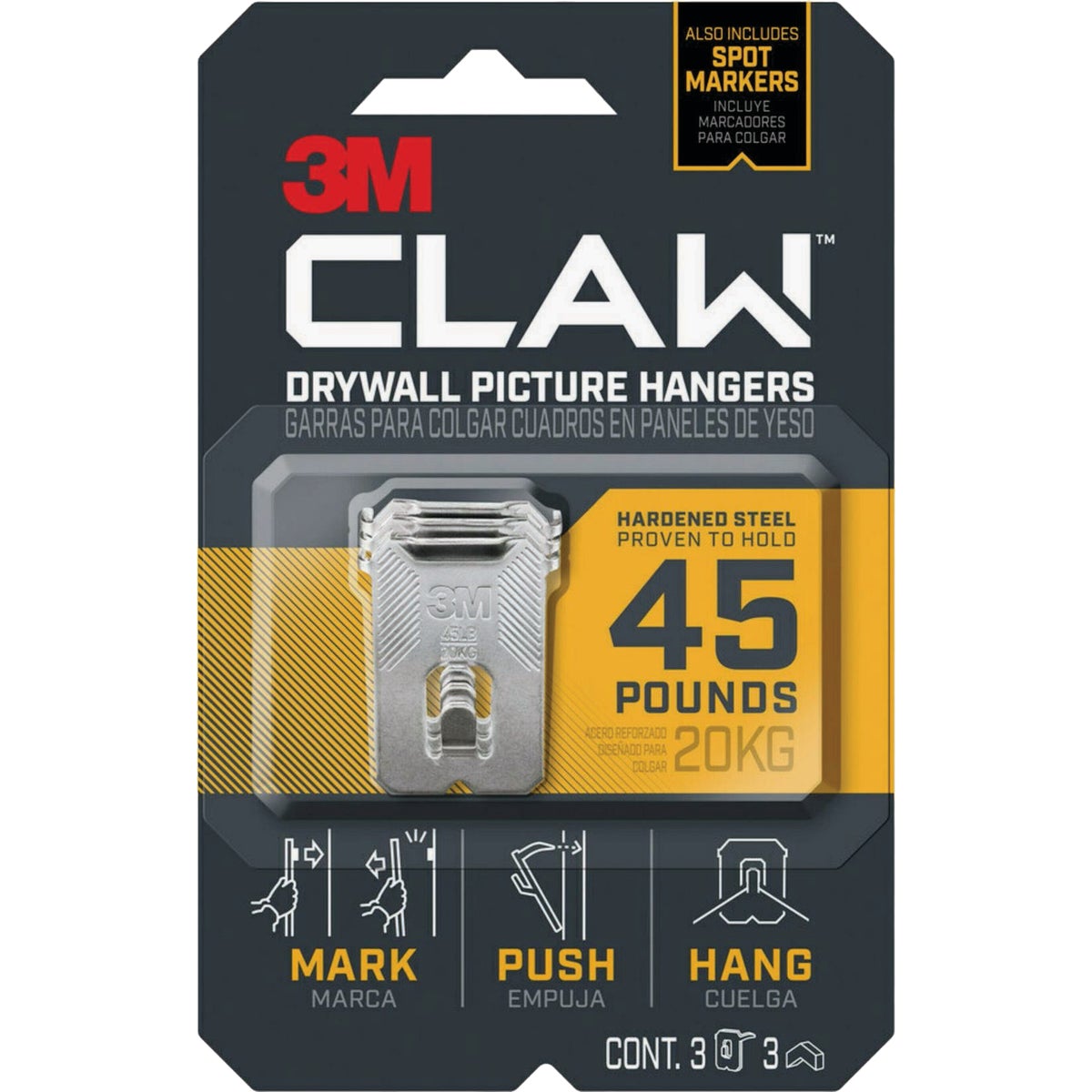 3M Claw 45 Lb. Drywall Picture Hanger with Temporary Spot Marker (3 Hangers, 3 Markers)