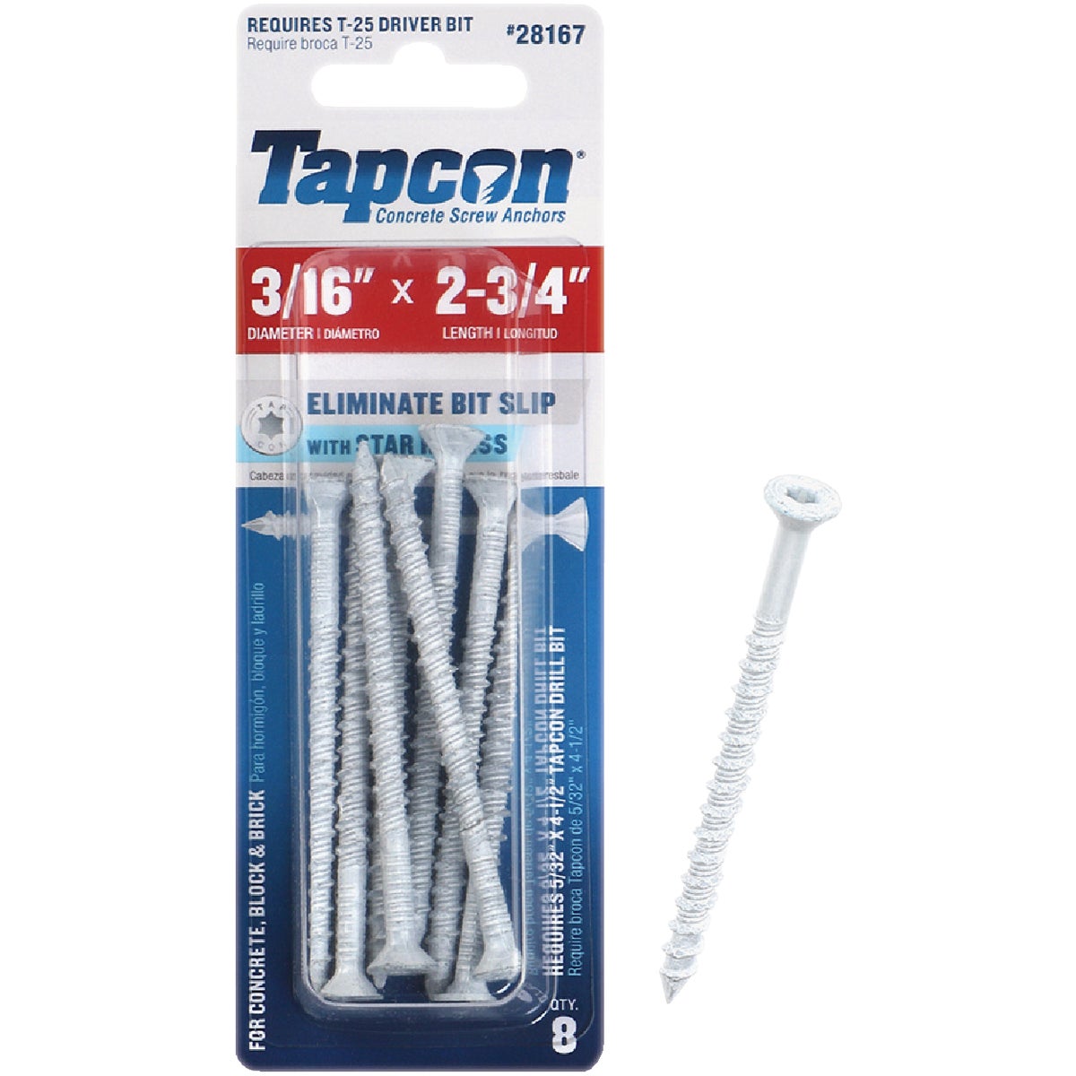 Tapcon 3/16 In. x 2-3/4 In. Star Drive Flat Head White Concrete Screw Anchors (8 Ct.)