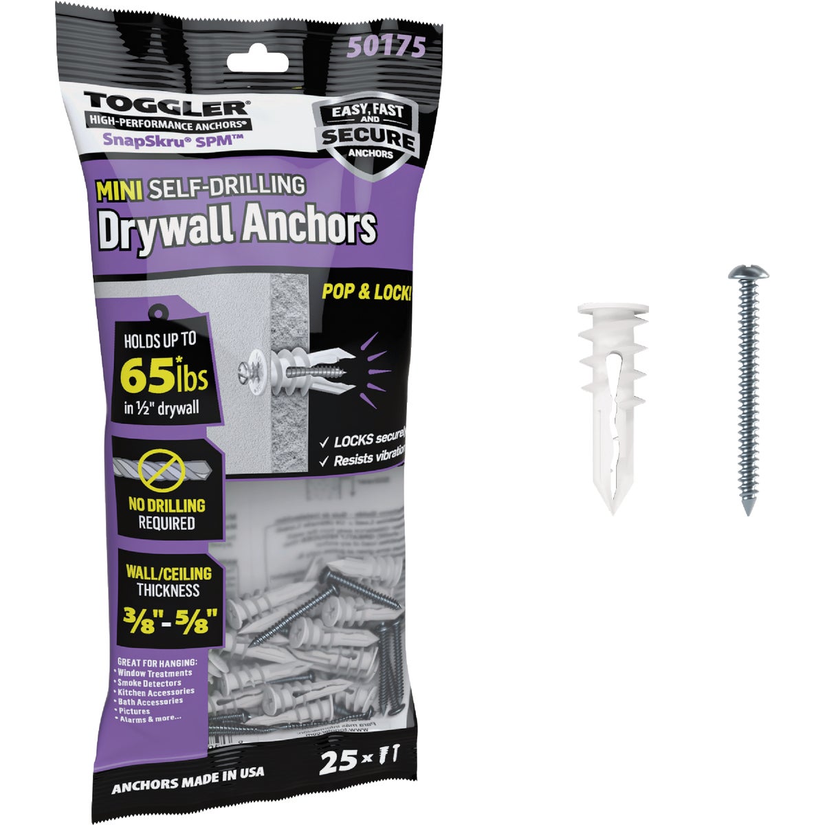 Toggler SnapSkru #6 x 1-1/4 In. 65 Lb. Nylon Self-Drilling Mini Drywall Anchor (25 Ct.)