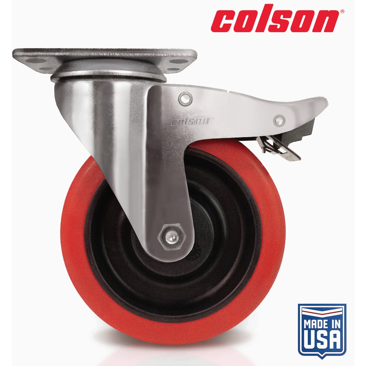 Colson 5 In. Red Polyurethane Swivel Plate Caster with Locking Brake