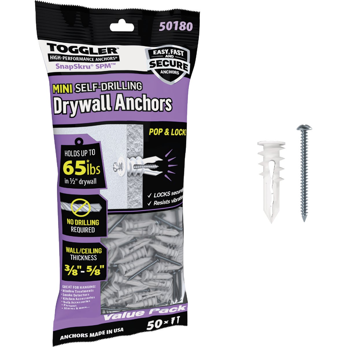 Toggler SnapSkru #6 x 1-1/4 In. 65 Lb. Nylon Self-Drilling Mini Drywall Anchor (50 Ct.)