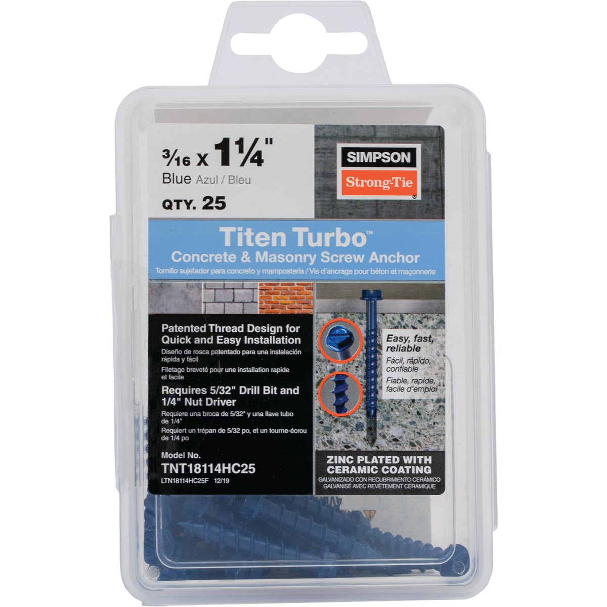 Simpson Strong-Tie Titen Turbo 3/16 in. x 1-1/4 in. Hex-Head Concrete and Masonry Screw, Blue (25-Qty)