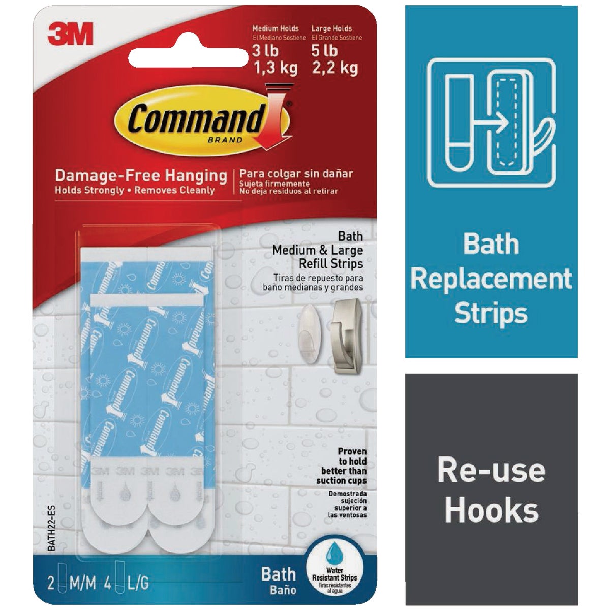 Command Assorted Water/Bath Resistant Refill Strips, 2 Medium and 4 Large Strips