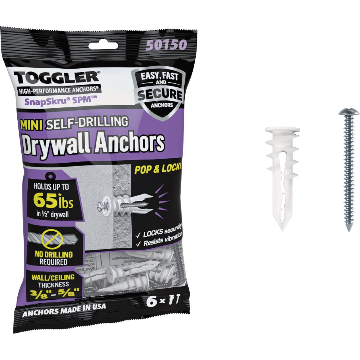 Toggler SnapSkru #6 x 1-1/4 In. 65 Lb. Nylon Self-Drilling Mini Drywall Anchor (65 Ct.)