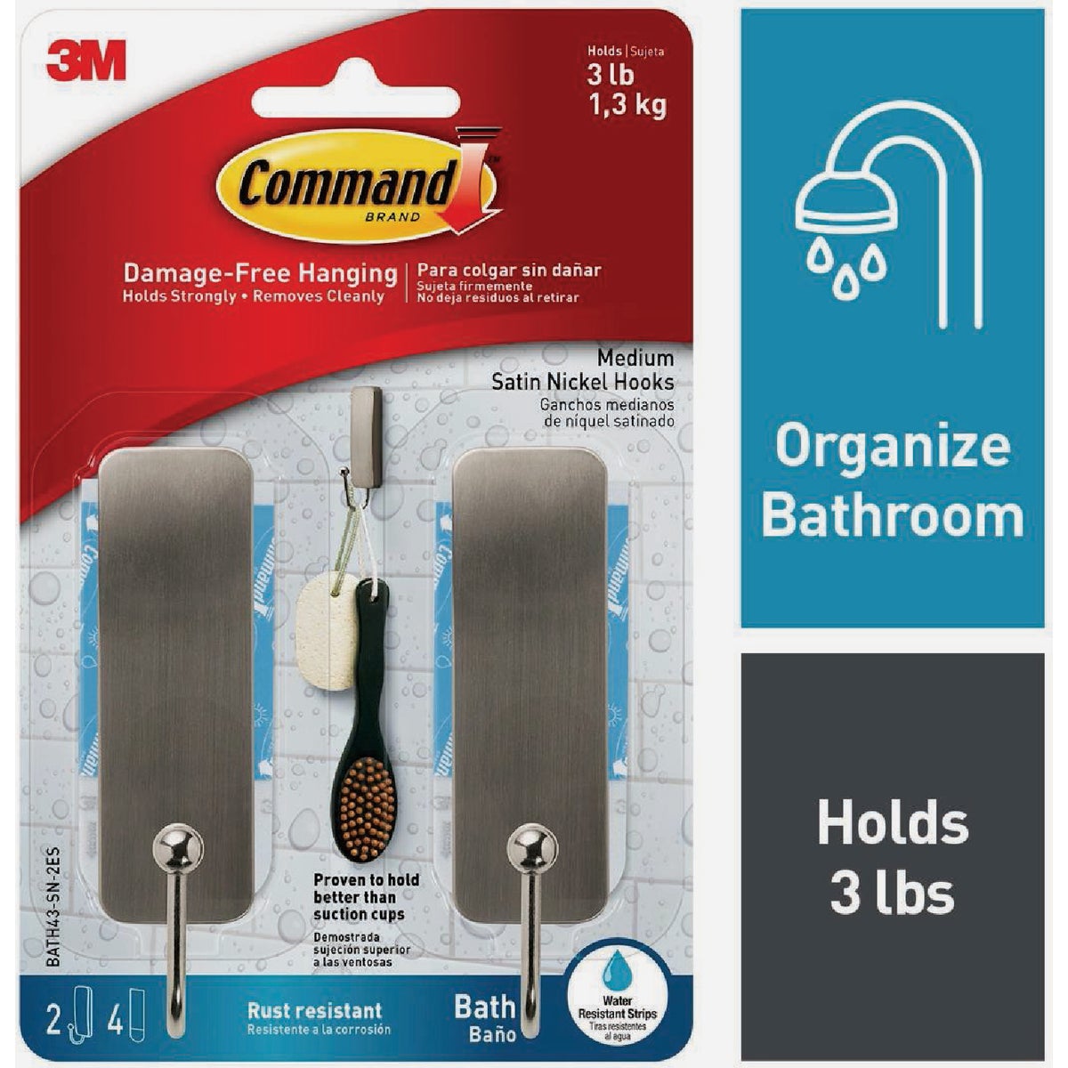 Command Medium Bath Hooks, Satin Nickel, 2 Hooks, 4 Strips