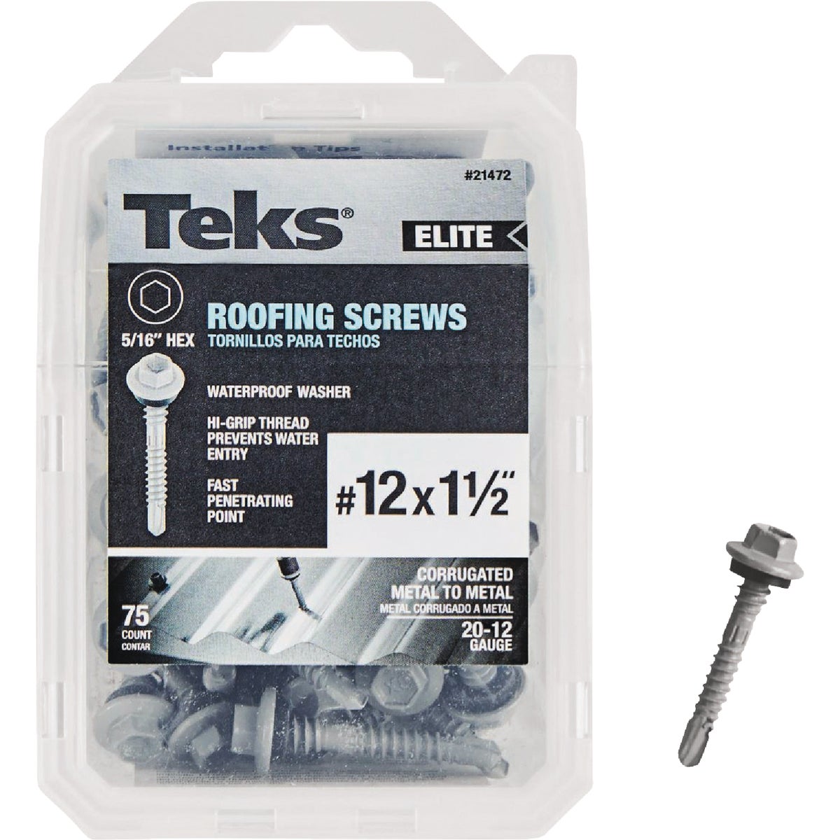 Teks Elite #12 x 1-1/2 In. Hex Washer Head Drill Point Metal to Wood Roofing Screw (75 Ct.)