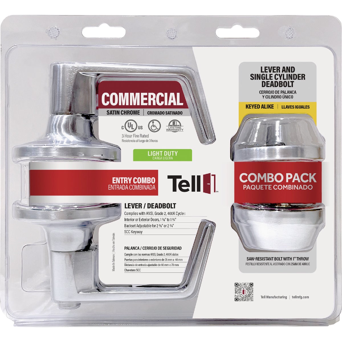 Tell Commercial Cortland Satin Chrome Entry Lever & Deadbolt Pack