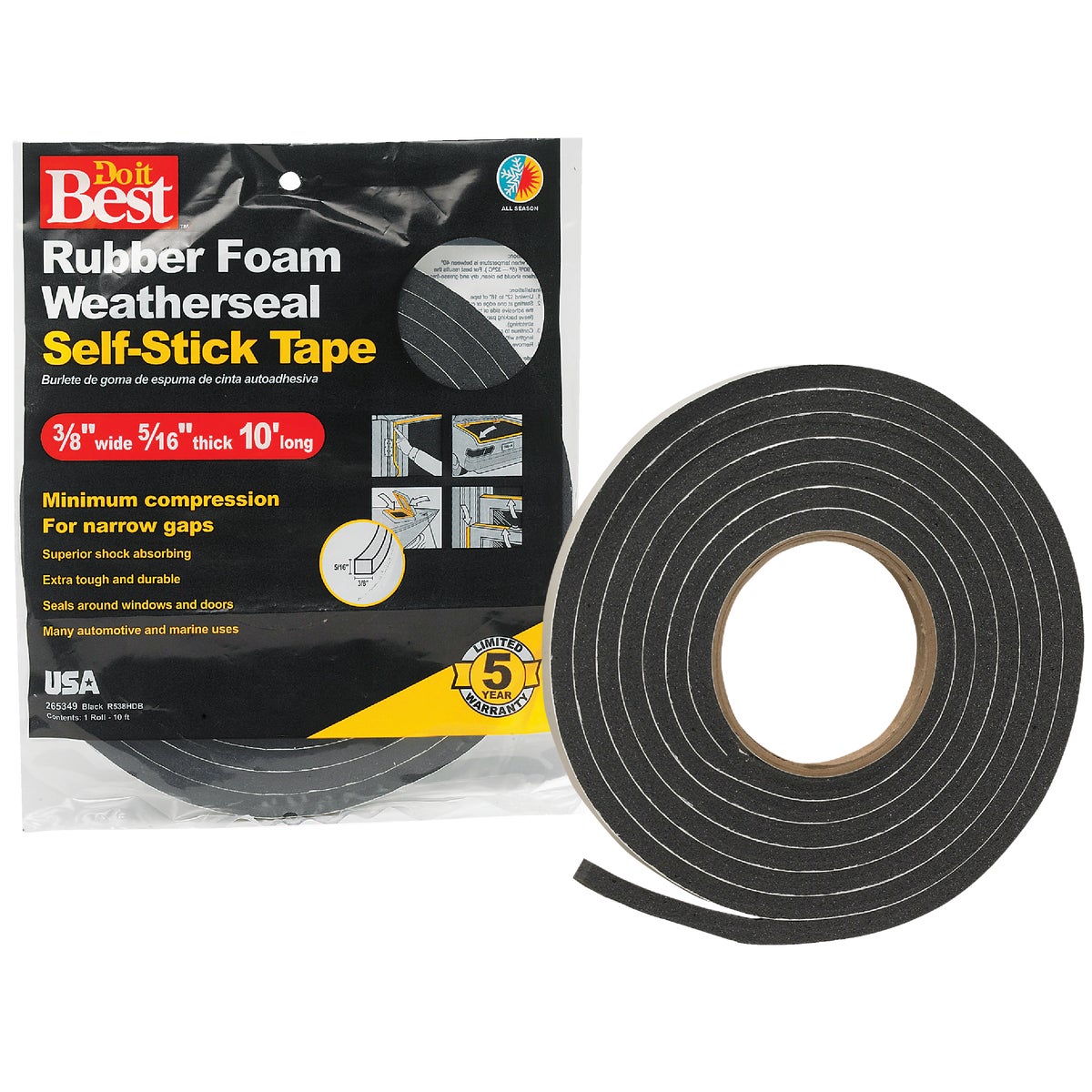 Do it Best 3/8" W x 5/16" T x 10' L Black Foam Weatherstrip Tape