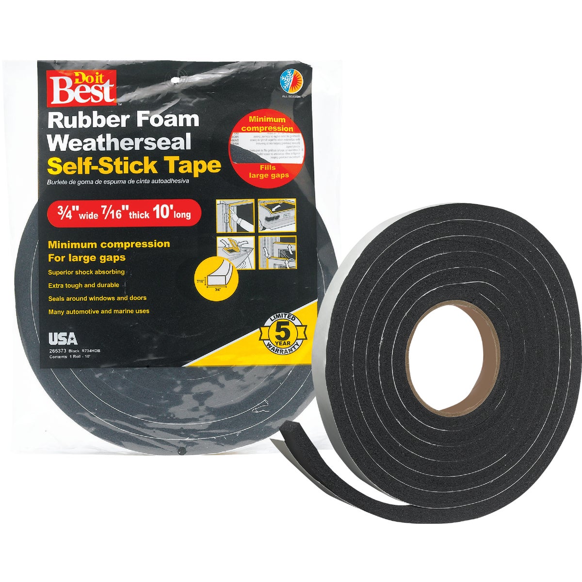 Do it Best 3/4" W x 7/16" T x 10 'L Black Foam Weatherstrip Tape