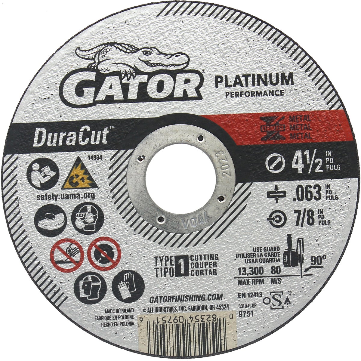 Gator Blade DuraCut Type 1 4-1/2 In. x 0.063 In. x 7/8 In. Metal/Stainless Cut-Off Wheel
