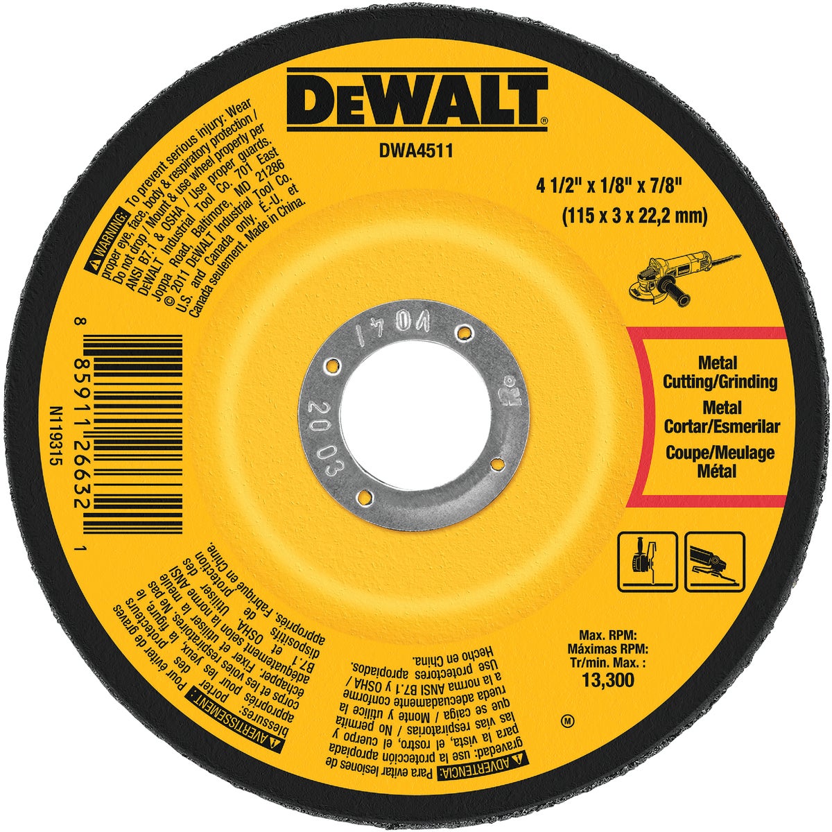 DEWALT HP Type 27 4-1/2 In. x 1/8 In. x 7/8 In. Metal/Stainless Grinding Cut-Off Wheel