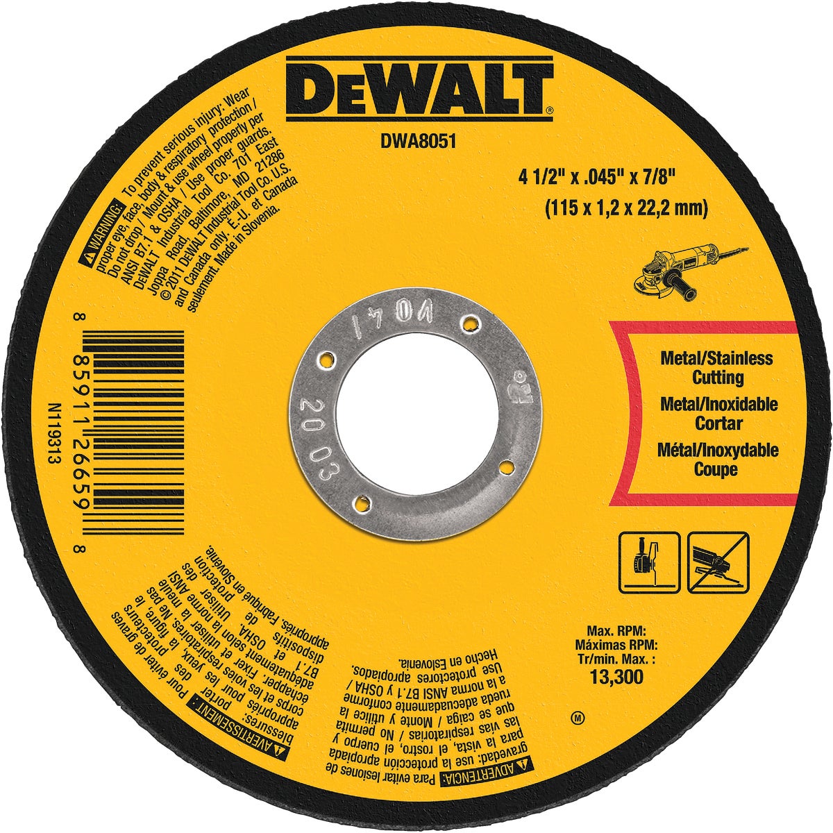 DEWALT Type 1 4-1/2 In. x 0.045 In. x 7/8 In. Metal/Stainless Cut-Off Wheel