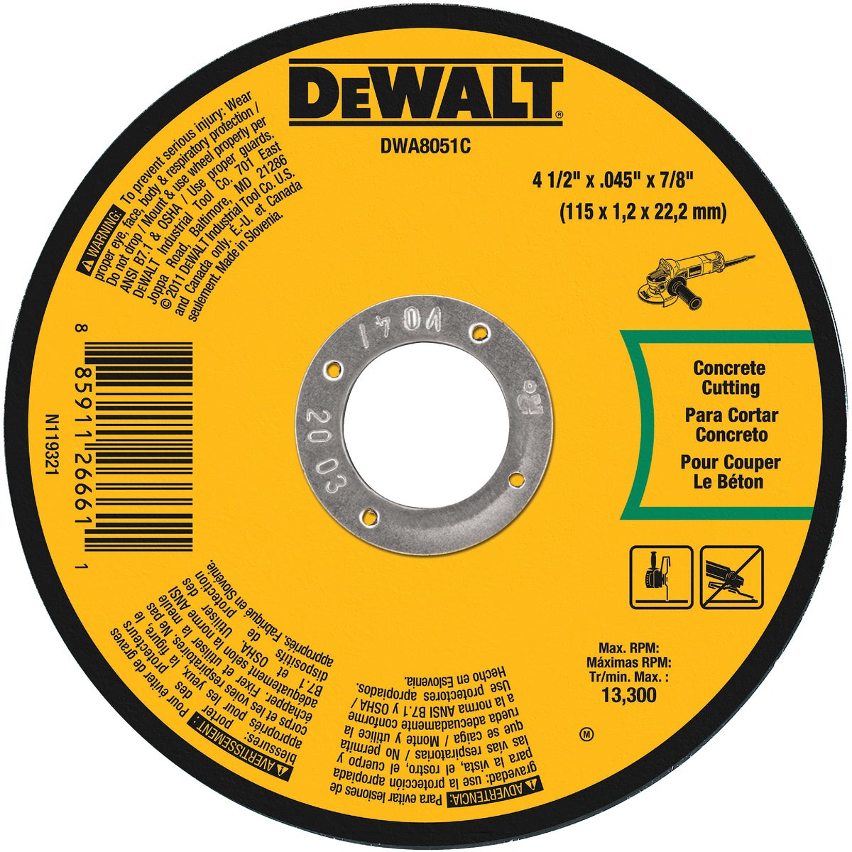 DEWALT Type 1 4-1/2 In. x 0.045 In. x 7/8 In. Masonry Cut-Off Wheel