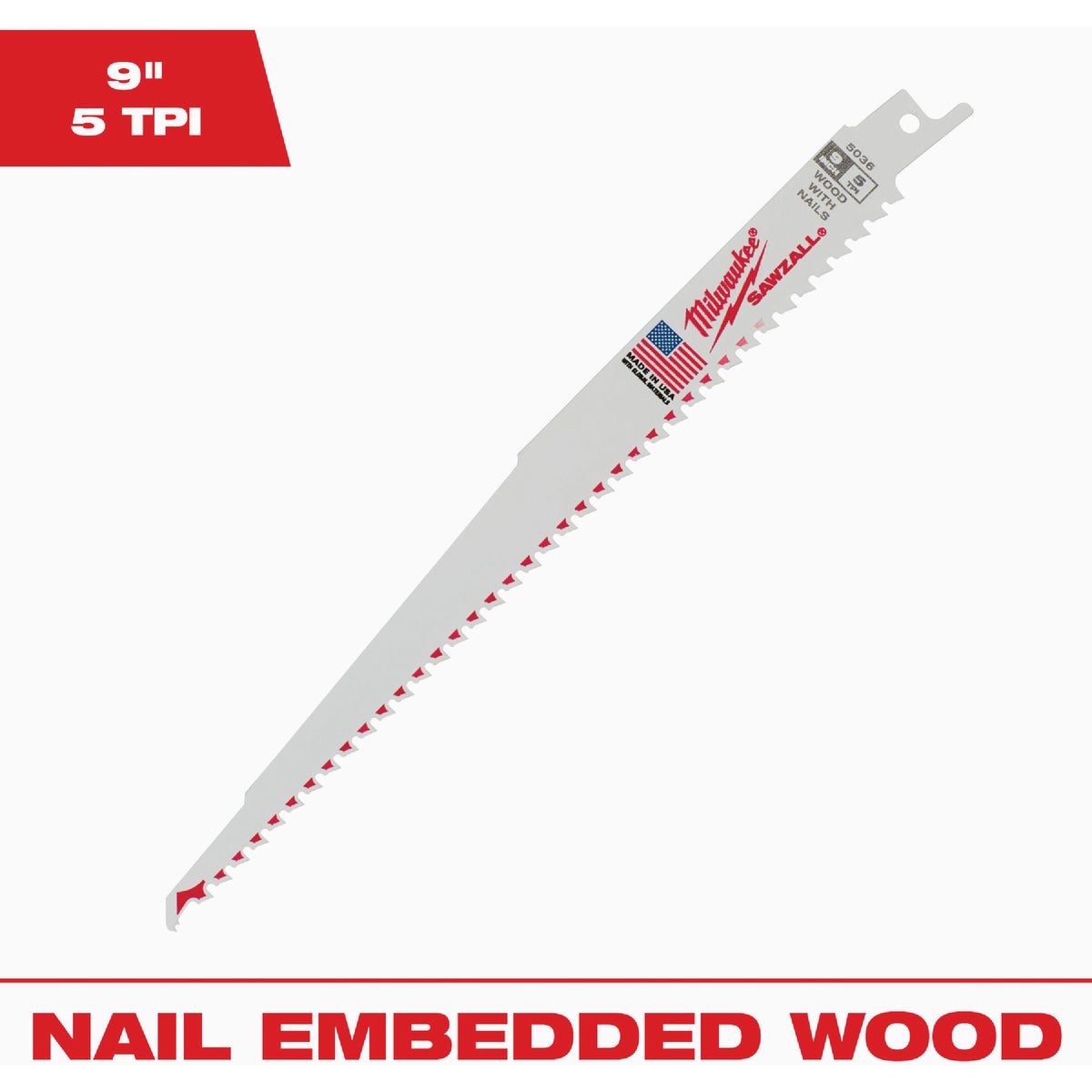 Milwaukee SAWZALL 9 In. 5 TPI Wood w/Nails Reciprocating Saw Blade, Bulk (25-Pack)