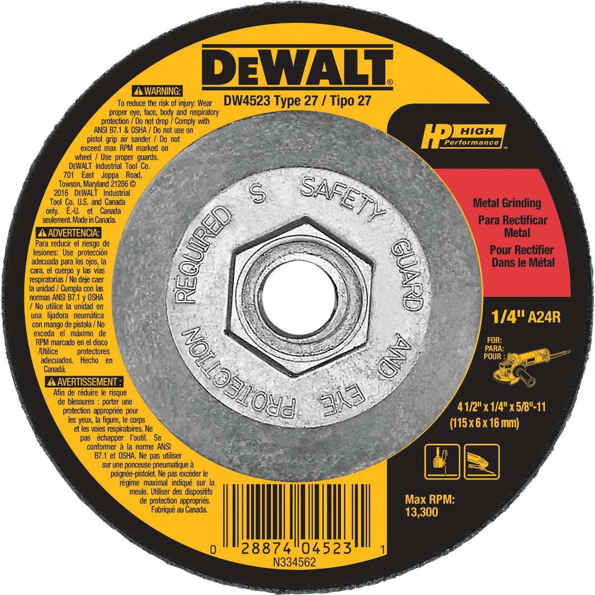 DEWALT HP Type 27 4-1 In. x 1/4 In. x 5/8 In.-11 Metal Grinding Cut-Off Wheel