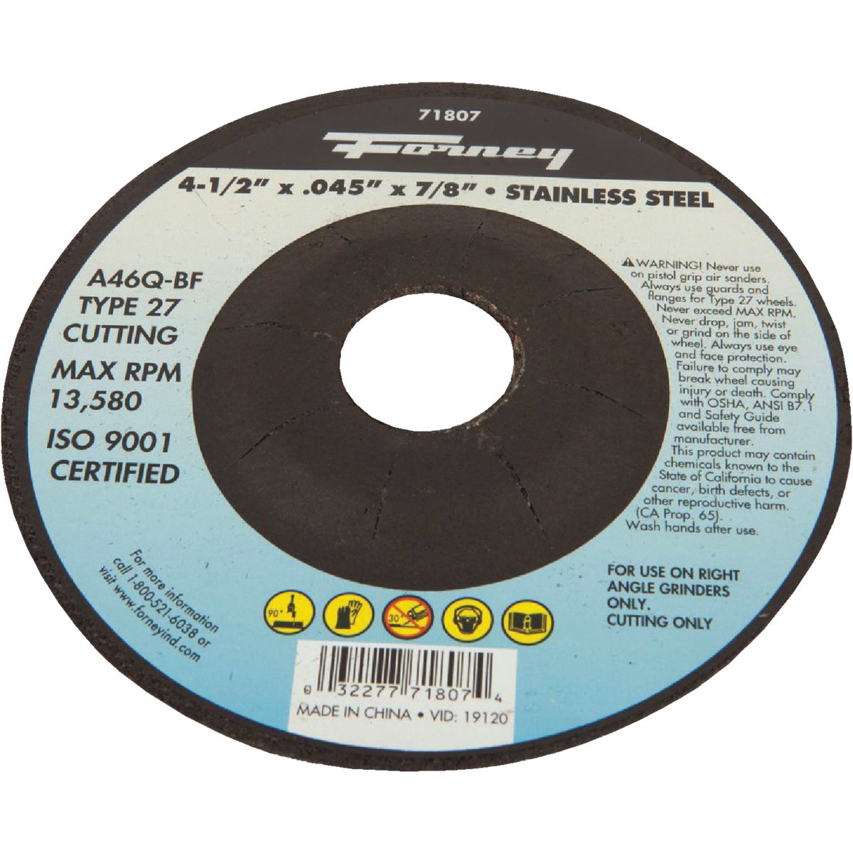 Forney Type 27 4-1/2 In. x 0.045 In. x 7/8 In. Stainless Cut-Off Wheel