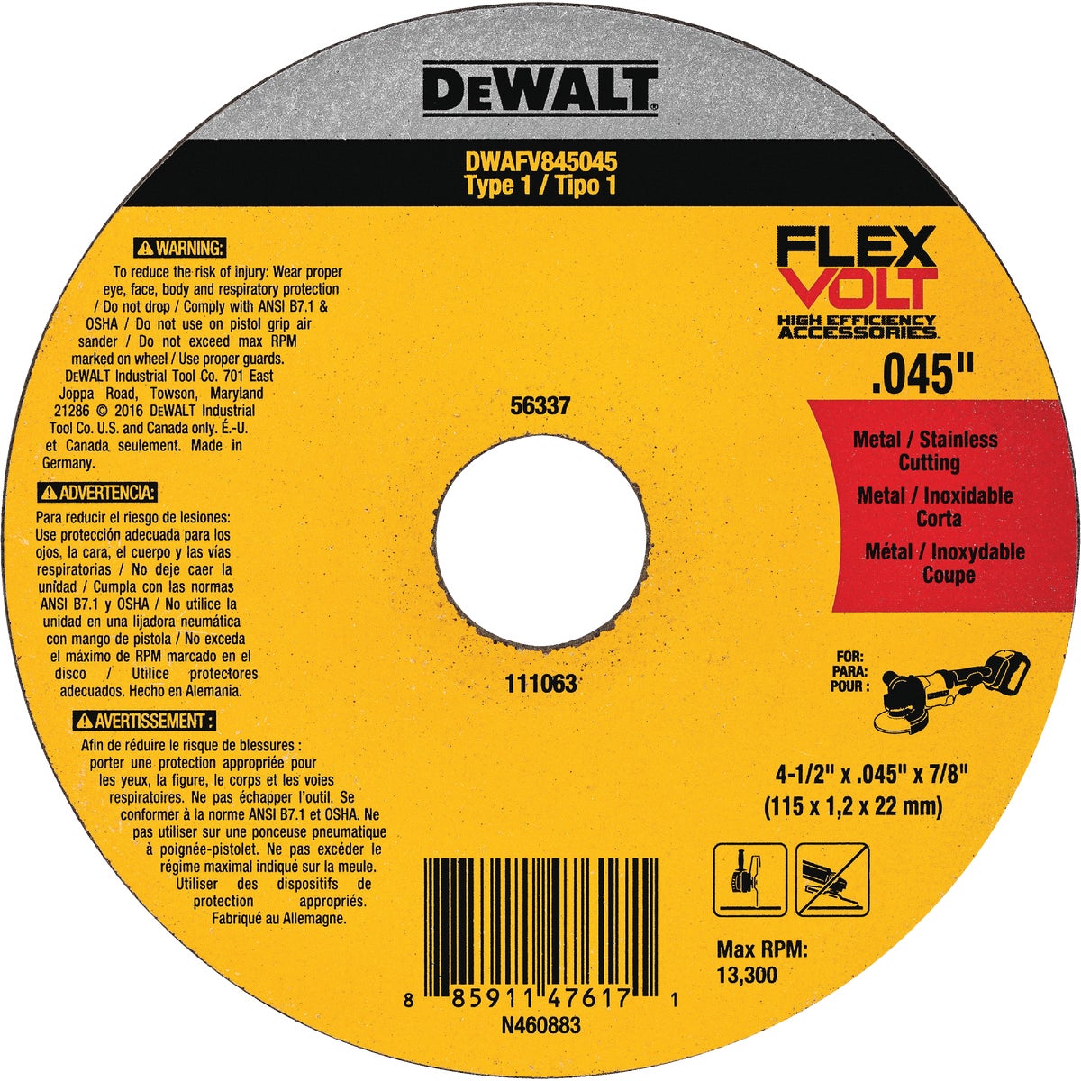 DEWALT FLEXVOLT Type 1 4-1/2 In. x 0.045 In. x 7/8 In. Metal/Stainless Cut-Off Wheel