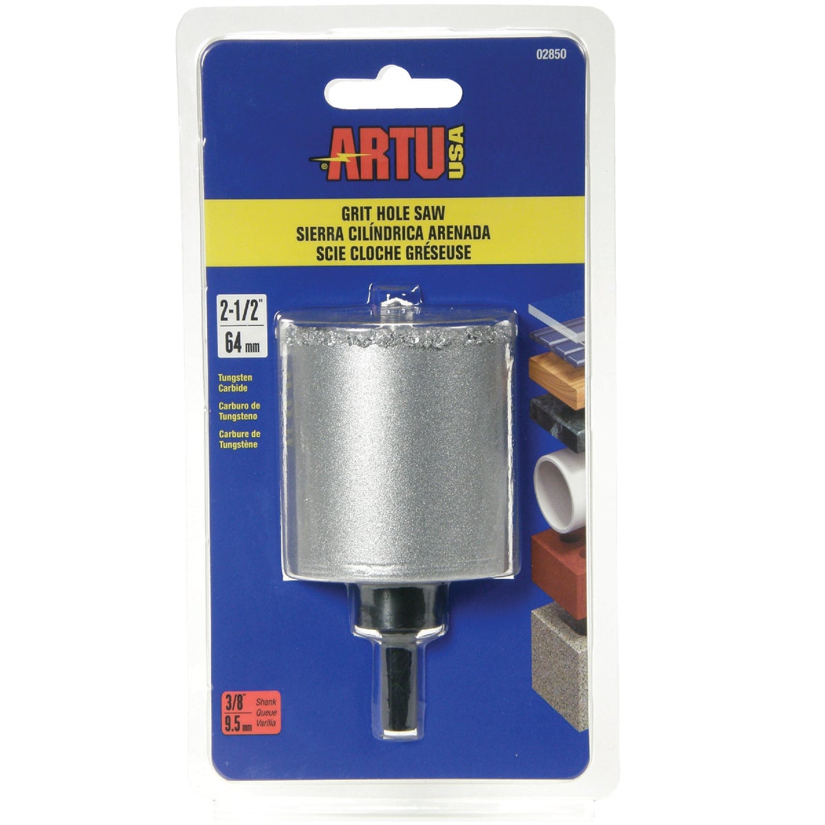 ARTU 2-1/2 In. Tungsten Carbide Grit Hole Saw with Arbor and Pilot Bit